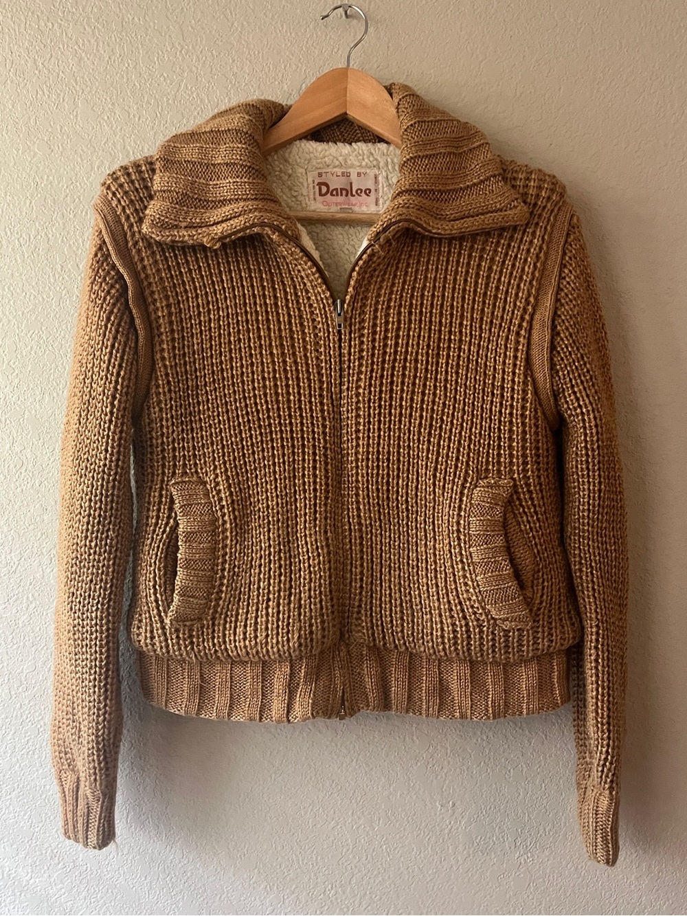 Vintage Styled by Danlee Chunky Tan Knit Zip-Up Sweater with Sherpa Lining